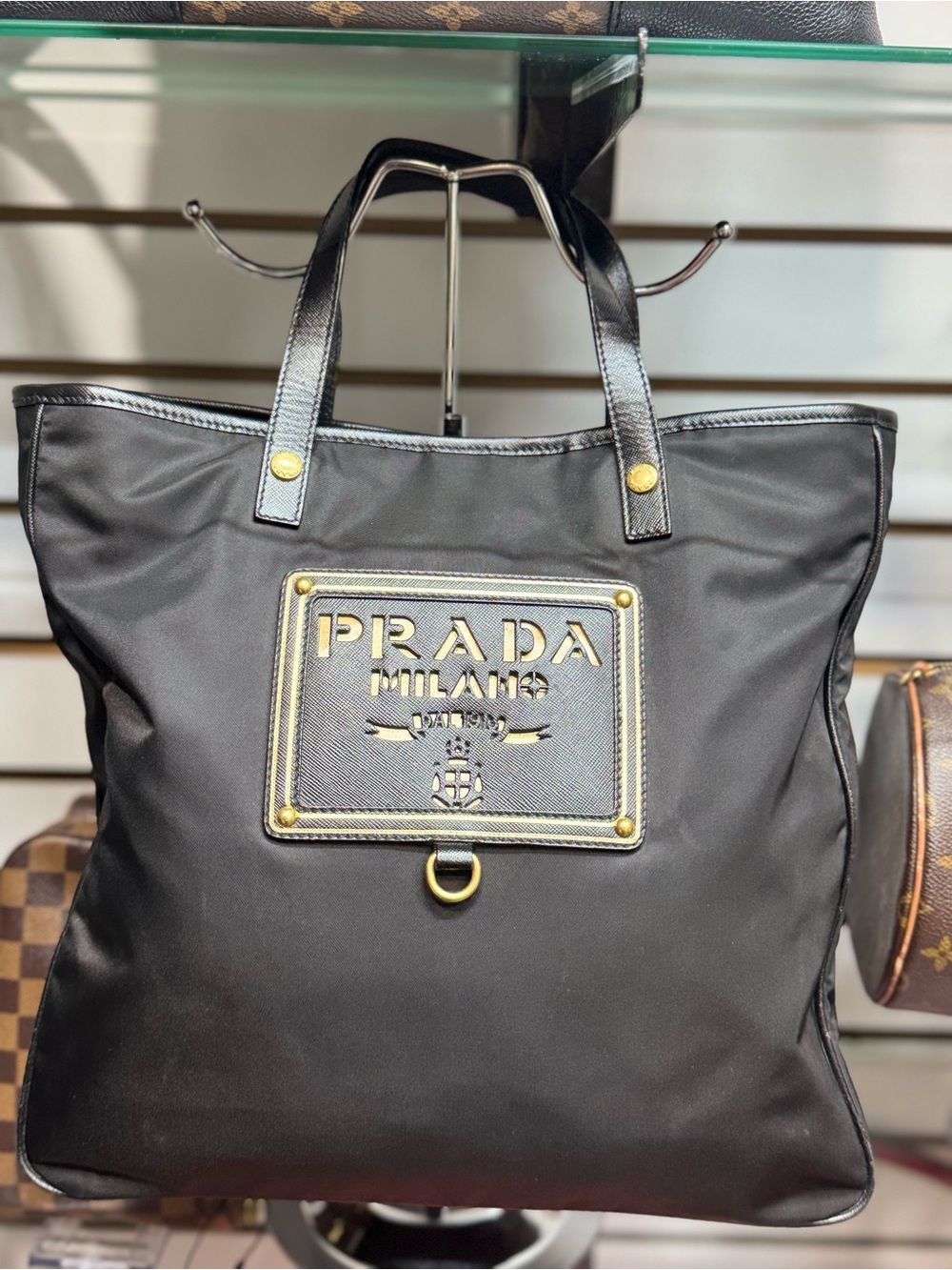 Prada Black Nylon Tote with Gold-Tone Logo Plaque